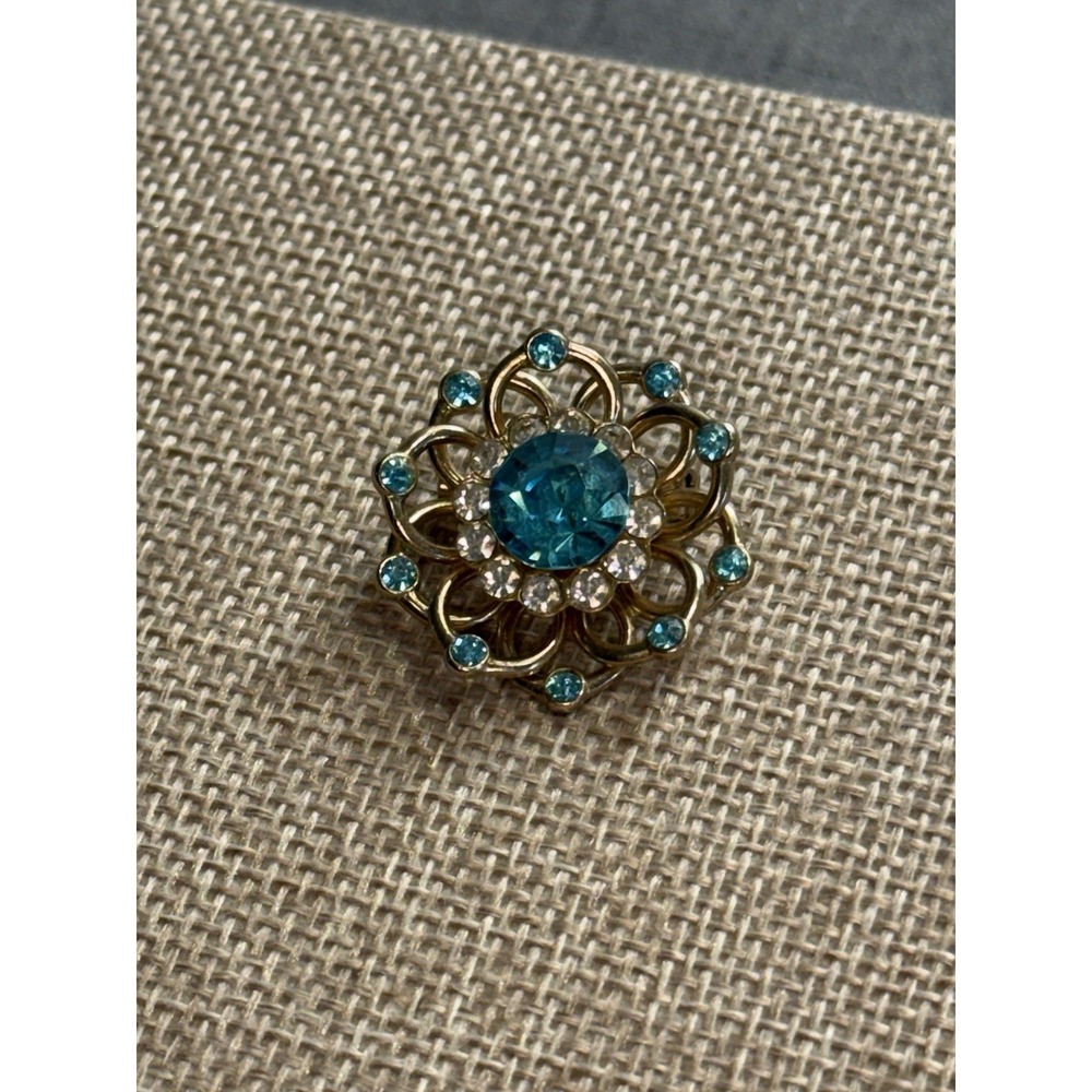 Vintage Coro Blue Rhinestone Flower Brooch Pin, Signed Pegasus Mark, 1950s